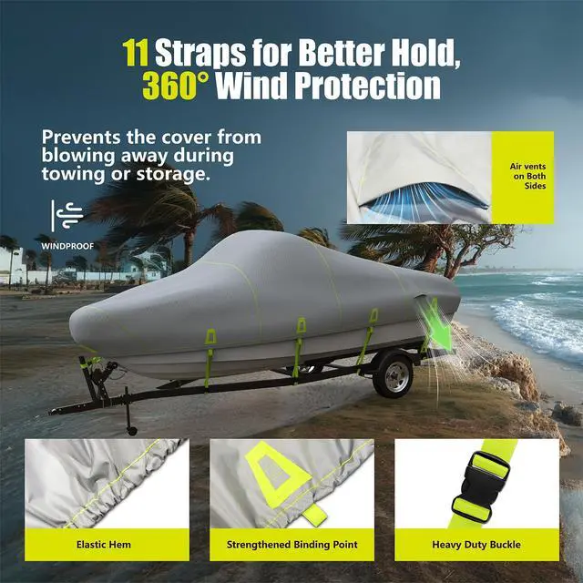 Alt view image 4 of 7 - 14 ft Boat Cover 1200D Trailerable Waterproof Bass Boat Cover | Fits 14-15.8 ft V-Hull Fish & Ski Runabout Boats, Heavy Duty Design, Reflective Strips, Storage Bag, Up To 68" Wide