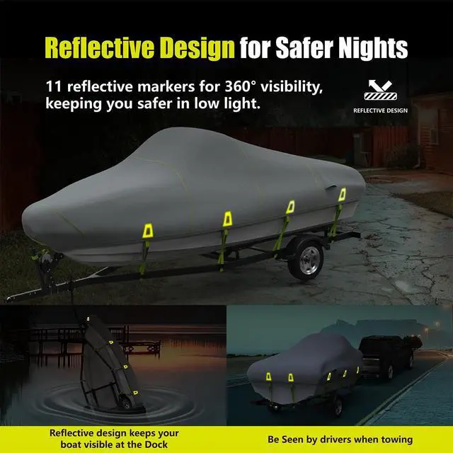 Alt view image 5 of 7 - 14 ft Boat Cover 1200D Trailerable Waterproof Bass Boat Cover | Fits 14-15.8 ft V-Hull Fish & Ski Runabout Boats, Heavy Duty Design, Reflective Strips, Storage Bag, Up To 68" Wide