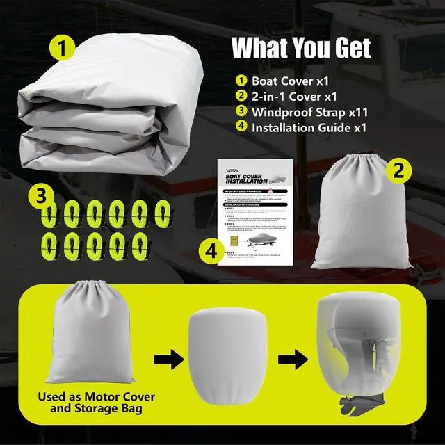 Alt view image 7 of 7 - 14 ft Boat Cover 1200D Trailerable Waterproof Bass Boat Cover | Fits 14-15.8 ft V-Hull Fish & Ski Runabout Boats, Heavy Duty Design, Reflective Strips, Storage Bag, Up To 68" Wide