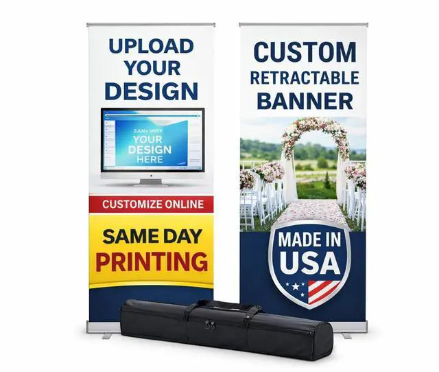Main image of Custom Retractable Banner 33 x 79 Inch Same Day Printing, Made in USA, Upload Your Design, Aluminum Roll Up Banner Stand with Carry Bag, For Trade Shows, Business Events & Retail Displays