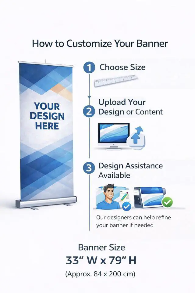 Alt view image 3 of 6 - Custom Retractable Banner 33 x 79 Inch Same Day Printing, Made in USA, Upload Your Design, Aluminum Roll Up Banner Stand with Carry Bag, For Trade Shows, Business Events & Retail Displays