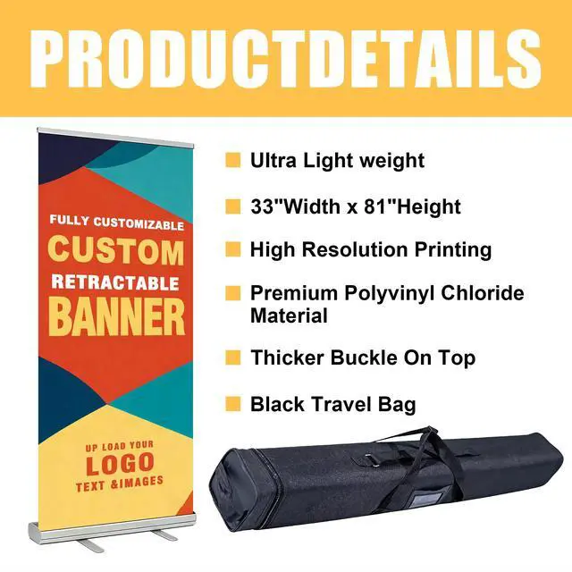 Alt view image 2 of 7 - Custom Retractable Banner with Aluminum Silver Stand, 33" × 81" Portable, Durable & Easy Setup, Full Color Pop Up Display Sign with Travel Bag for Events, Trade Shows (Design 1)