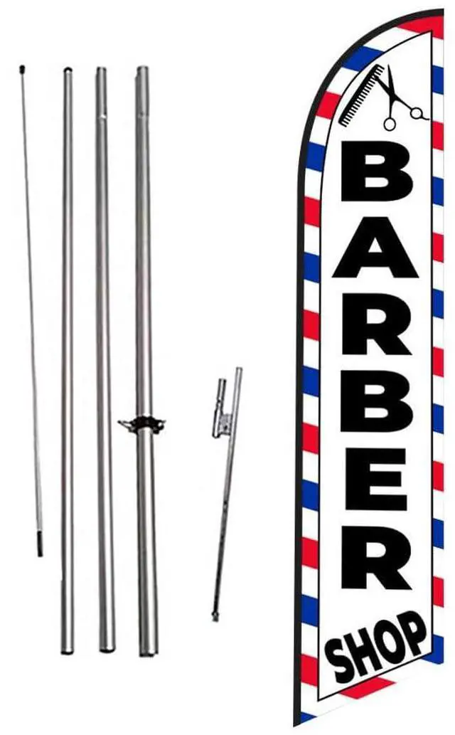 Main image of Barber Shop (White) Feather Flag Eye Catching Banner Sign for Business and Marketing Complete Set with 15 ft Pole Kit and Ground Spike