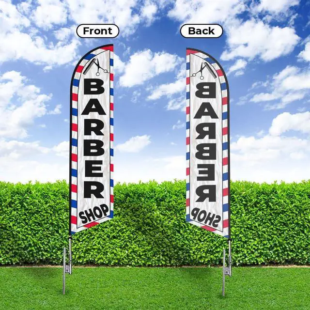 Alt view image 3 of 7 - Barber Shop (White) Feather Flag Eye Catching Banner Sign for Business and Marketing Complete Set with 15 ft Pole Kit and Ground Spike