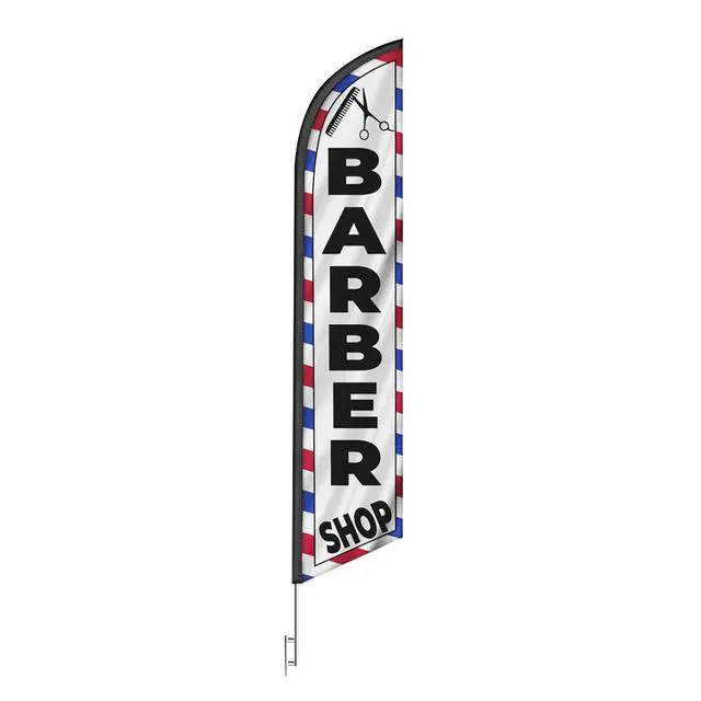 Alt view image 7 of 7 - Barber Shop (White) Feather Flag Eye Catching Banner Sign for Business and Marketing Complete Set with 15 ft Pole Kit and Ground Spike