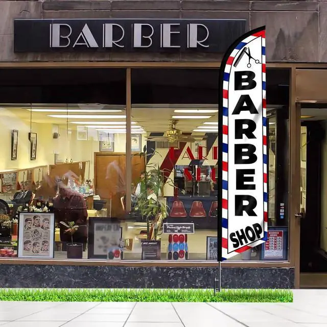 Alt view image 6 of 7 - Barber Shop (White) Feather Flag Eye Catching Banner Sign for Business and Marketing Complete Set with 15 ft Pole Kit and Ground Spike