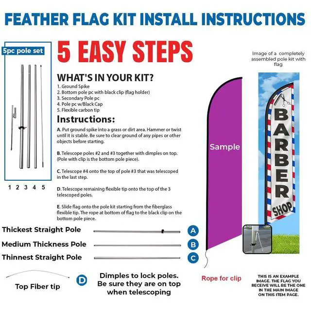 Alt view image 5 of 7 - Barber Shop (White) Feather Flag Eye Catching Banner Sign for Business and Marketing Complete Set with 15 ft Pole Kit and Ground Spike