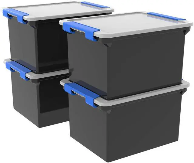 Main image of Storage File Tote with Locking Handles, Black/Silver, 4-Pack (61543U04C)