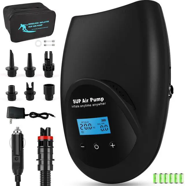 Main image of Rechargeable Paddle Board Electric Pump, 20 PSI SUP Pump with 4 Preset Modes, Dual-Stage Inflation & Deflation, 12V DC Car Connector, Auto Shut-Off for Paddle Boards, Kayaks and Tents