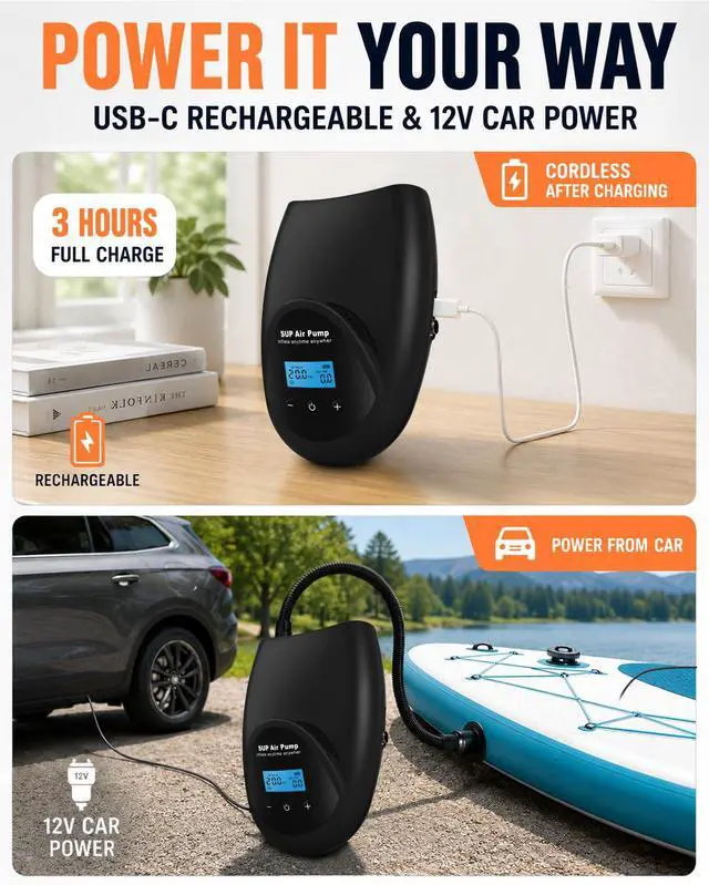 Alt view image 4 of 7 - Rechargeable Paddle Board Electric Pump, 20 PSI SUP Pump with 4 Preset Modes, Dual-Stage Inflation & Deflation, 12V DC Car Connector, Auto Shut-Off for Paddle Boards, Kayaks and Tents