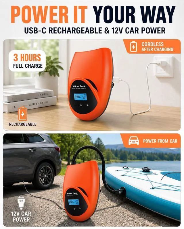 Alt view image 4 of 7 - Rechargeable Paddle Board Electric Pump, 20 PSI SUP Pump with 4 Preset Modes, Dual-Stage Inflation & Deflation, 12V DC Car Connector, Auto Shut-Off for Paddle Boards, Kayaks and Tents