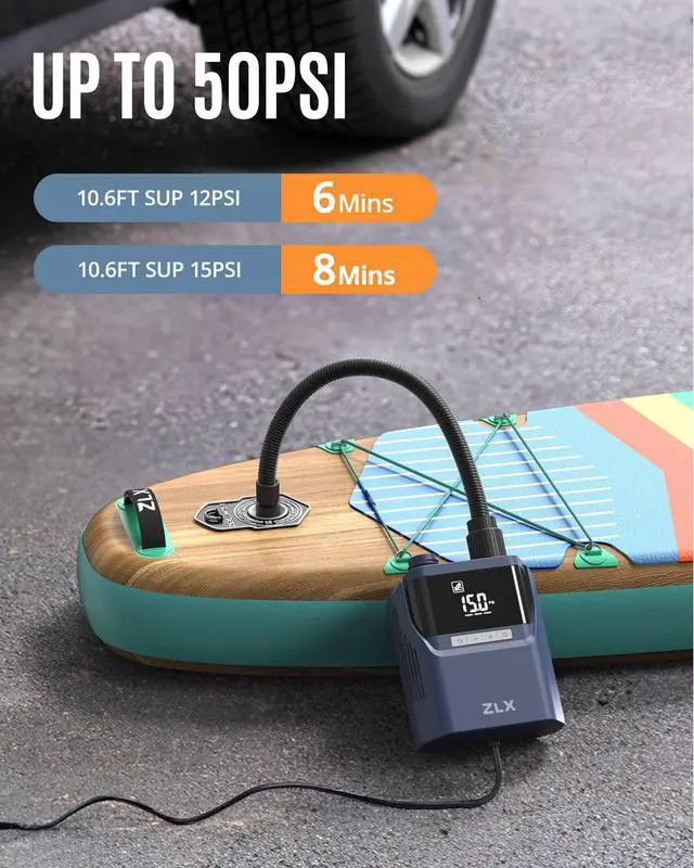 Alt view image 2 of 7 - Paddle Board Electric Pump, 50PSI SUP Pump, Paddleboard Accessories | High Pressure Portable Air Pump, Auto-Off, Dual Stage Inflation & Deflation, for Inflatables, Kayaks, Boats, Air Mattresses