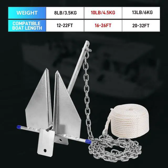 Alt view image 3 of 7 - Heavy Duty Boat Anchor Kit, Fluke Style with Chain and Rope Set, Compatible with Pontoon, Deck, Fishing, and Sailboats, Galvanized Steel