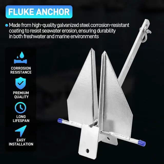 Alt view image 4 of 7 - Heavy Duty Boat Anchor Kit, Fluke Style with Chain and Rope Set, Compatible with Pontoon, Deck, Fishing, and Sailboats, Galvanized Steel