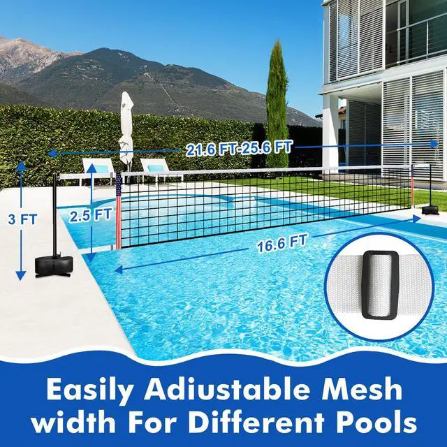 Alt view image 4 of 6 - Portable Pool Volleyball Net System -4th of July Celebration Adjustable 16.5-26.5FT Length Net Includes 2 Water Volleyballs, Heavy-Duty Water-Filled Base Perfect for Pickleball, Tennis & Pool Games