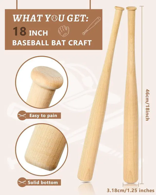 Alt view image 2 of 6 - 18 Pcs Mini Baseball Bat 18 Inch Unfinished Wooden Small Unpainted Baseball Bats Craft for DIY Painting Sports Games Party Favors Craft