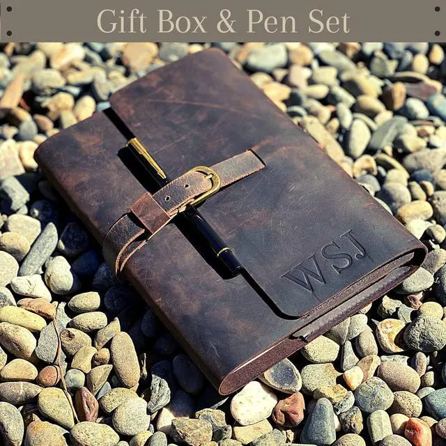 Main image of PERSONALIZED LEATHER JOURNAL GIFT SET for Men & Women, Initials on Premium Leather Cover, Metal Pen, Refillable A5 Lined Paper Notebook, Leather Bound Vintage Diary, Travel Journals, Graduation Gifts