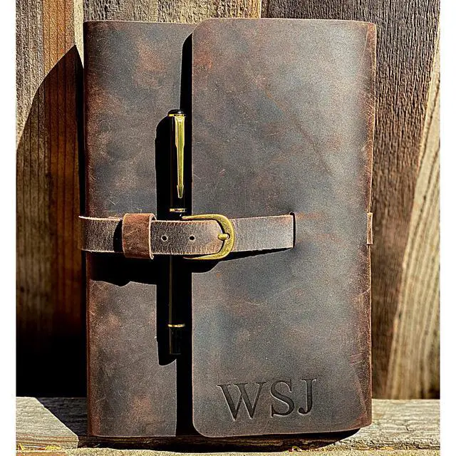 Alt view image 2 of 7 - PERSONALIZED LEATHER JOURNAL GIFT SET for Men & Women, Initials on Premium Leather Cover, Metal Pen, Refillable A5 Lined Paper Notebook, Leather Bound Vintage Diary, Travel Journals, Graduation Gifts
