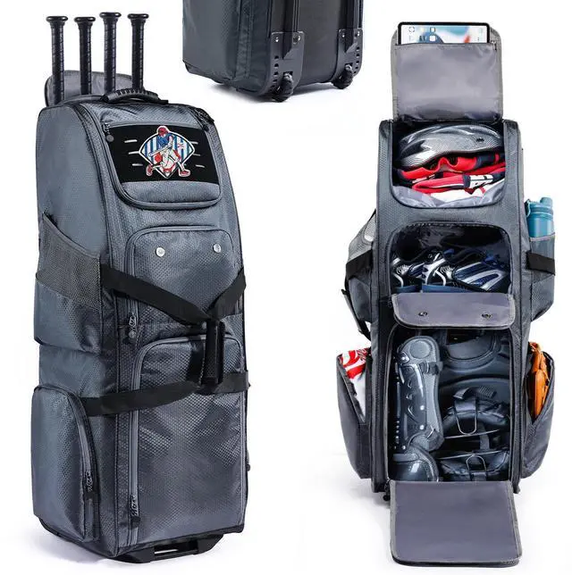 Main image of Rolling Baseball Bat Bag with Wheels, Large Capacity Gear Bag Holds 4 Bats, Reinforced Hard Base & Structured Back Panel, Top & Bottom Grab Handles, Shoe & Helmet Compartments for Youth &Adult Players