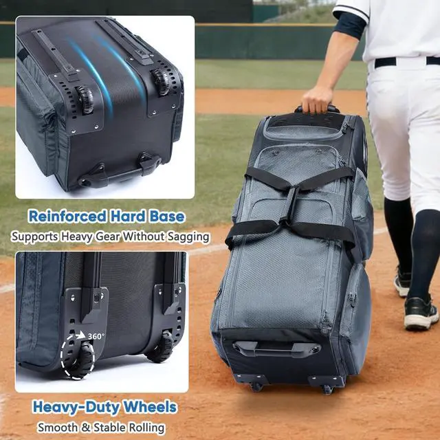 Alt view image 2 of 7 - Rolling Baseball Bat Bag with Wheels, Large Capacity Gear Bag Holds 4 Bats, Reinforced Hard Base & Structured Back Panel, Top & Bottom Grab Handles, Shoe & Helmet Compartments for Youth &Adult Players
