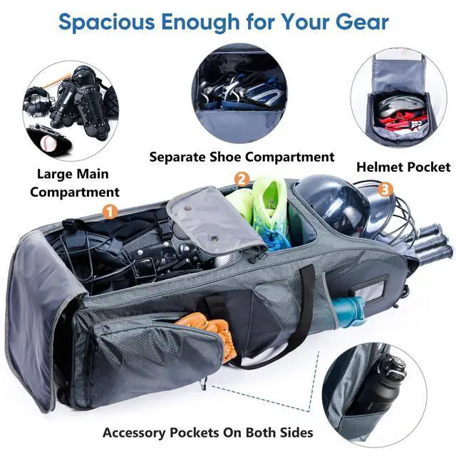 Alt view image 4 of 7 - Rolling Baseball Bat Bag with Wheels, Large Capacity Gear Bag Holds 4 Bats, Reinforced Hard Base & Structured Back Panel, Top & Bottom Grab Handles, Shoe & Helmet Compartments for Youth &Adult Players