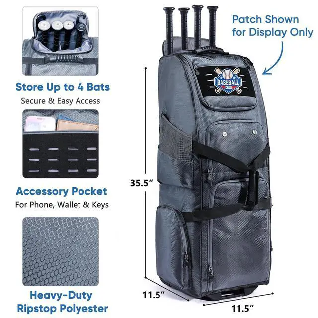 Alt view image 3 of 7 - Rolling Baseball Bat Bag with Wheels, Large Capacity Gear Bag Holds 4 Bats, Reinforced Hard Base & Structured Back Panel, Top & Bottom Grab Handles, Shoe & Helmet Compartments for Youth &Adult Players