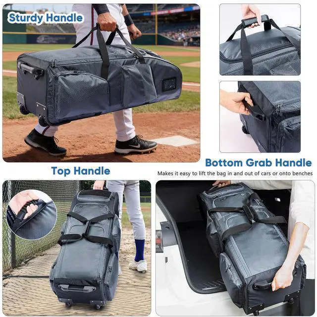 Alt view image 5 of 7 - Rolling Baseball Bat Bag with Wheels, Large Capacity Gear Bag Holds 4 Bats, Reinforced Hard Base & Structured Back Panel, Top & Bottom Grab Handles, Shoe & Helmet Compartments for Youth &Adult Players