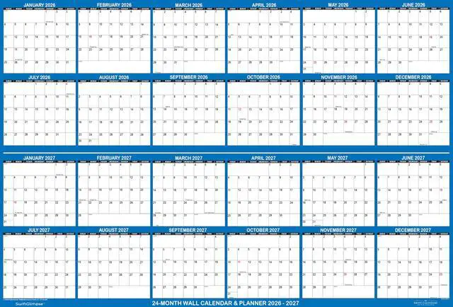 Main image of 48" x 72" SwiftGlimpse 2026-2027 Wall Calendar, X Large, Wet & Dry Erase Laminated, Huge 24-Month Long Term Wall Planner, Navy