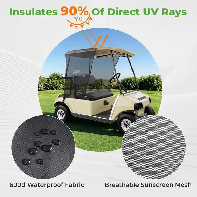Alt view image 5 of 7 - 2 Passenger Golf Cart Sun Shade Cover for EZGO TXT RXV & Club Car DS Precedent Tempo - Foldable UV Protection Cover Heat Blocking Design, Beige