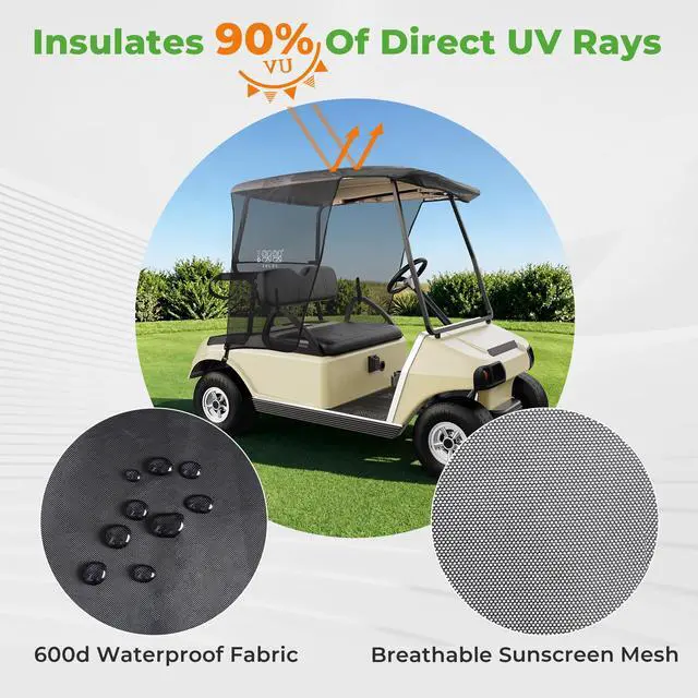 Alt view image 4 of 7 - 2 Passenger Golf Cart Sun Shade Cover for EZGO TXT RXV & Club Car DS Precedent Tempo - Foldable UV Protection Cover Heat Blocking Design, Black