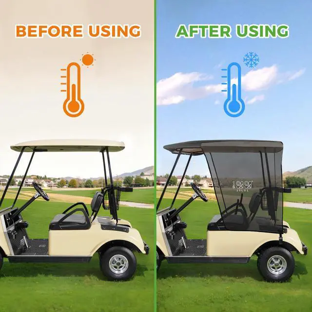 Alt view image 5 of 7 - 2 Passenger Golf Cart Sun Shade Cover for EZGO TXT RXV & Club Car DS Precedent Tempo - Foldable UV Protection Cover Heat Blocking Design, Black