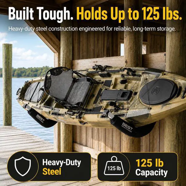 Alt view image 3 of 6 - Kayak Wall Mount Storage Rack, Heavy Duty Steel, 125LB Capacity | High Quality Powder-Coated Steel Wall Racks for Indoor/Outdoor Storage of Kayaks and SUP Paddleboards