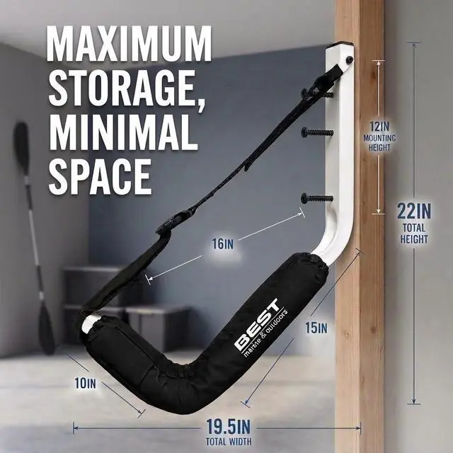 Alt view image 4 of 6 - Kayak Wall Mount Storage Rack, Heavy Duty Steel, 125LB Capacity | High Quality Powder-Coated Steel Wall Racks for Indoor/Outdoor Storage of Kayaks and SUP Paddleboards
