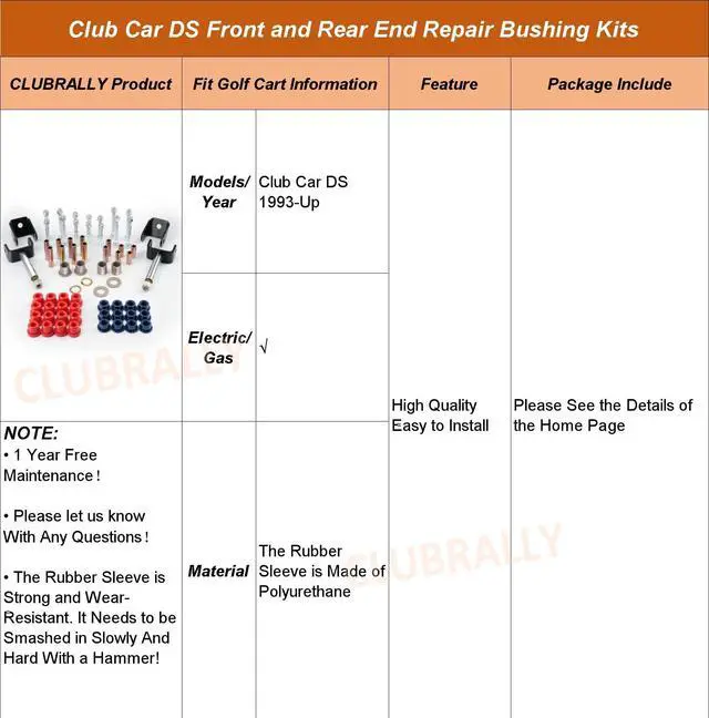 Alt view image 7 of 7 - Club Car DS Deluxe Golf Cart Front and Rear End Repair Bushing Kits, Club Car Front End Rebuild Kit for Club Car DS 1993-Up