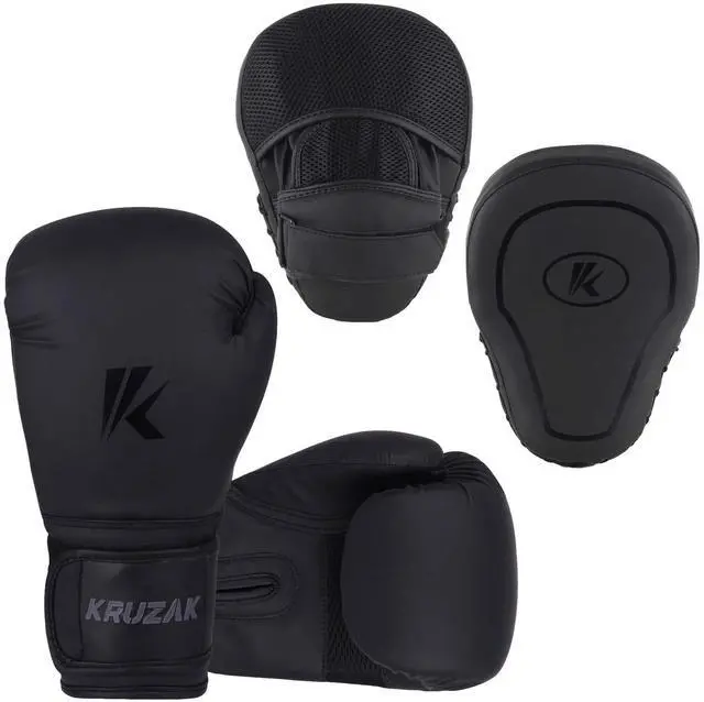 Main image of Kruzak Matte Black Boxing Gloves and Pads, Boxing Gloves Training Set for Kickboxing and Muay Thai MMA Training - Boxing Kit for Adults with Punching Pads for Martial Arts and Karate