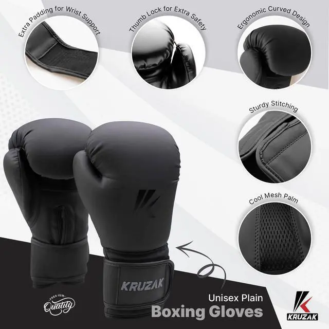 Alt view image 2 of 7 - Kruzak Matte Black Boxing Gloves and Pads, Boxing Gloves Training Set for Kickboxing and Muay Thai MMA Training - Boxing Kit for Adults with Punching Pads for Martial Arts and Karate