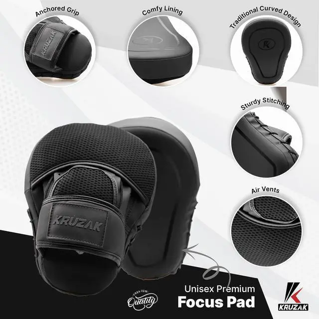 Alt view image 3 of 7 - Kruzak Matte Black Boxing Gloves and Pads, Boxing Gloves Training Set for Kickboxing and Muay Thai MMA Training - Boxing Kit for Adults with Punching Pads for Martial Arts and Karate