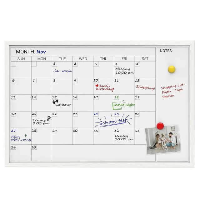 Alt view image 2 of 7 - Magnetic Monthly Calendar Whiteboard, 36 x 24 Inches White Wooden | Modern white wood frame magnetic monthly calendar whiteboard, decorative wall planner for home, kitchen, school and office