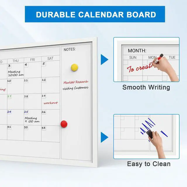 Alt view image 4 of 7 - Magnetic Monthly Calendar Whiteboard, 36 x 24 Inches White Wooden | Modern white wood frame magnetic monthly calendar whiteboard, decorative wall planner for home, kitchen, school and office