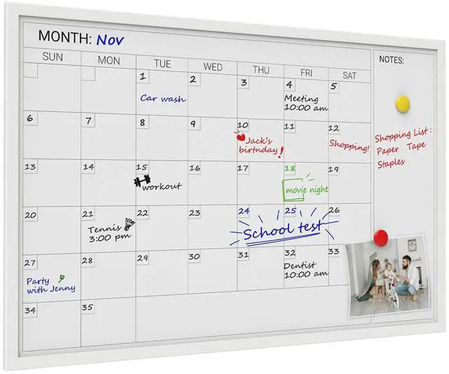 Main image of Magnetic Monthly Calendar Whiteboard, 36 x 24 Inches White Wooden | Modern white wood frame magnetic monthly calendar whiteboard, decorative wall planner for home, kitchen, school and office