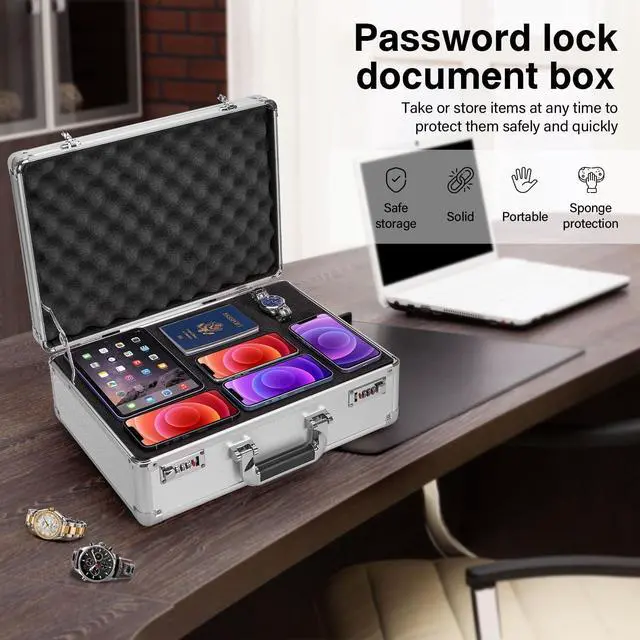 Alt view image 2 of 7 - Security Lock Boxes - 16.9 x 12.2 x 6.3 Inch Large, Portable Locking Storage Totes with Dual Combination Locks, Medicine Lock Box, Lock Boxes for Personal Items, Cash & Briefcase - Silver
