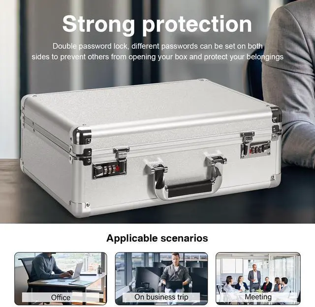 Alt view image 6 of 7 - Security Lock Boxes - 16.9 x 12.2 x 6.3 Inch Large, Portable Locking Storage Totes with Dual Combination Locks, Medicine Lock Box, Lock Boxes for Personal Items, Cash & Briefcase - Silver
