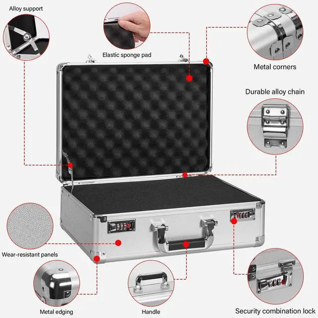 Alt view image 4 of 7 - Security Lock Boxes - 16.9 x 12.2 x 6.3 Inch Large, Portable Locking Storage Totes with Dual Combination Locks, Medicine Lock Box, Lock Boxes for Personal Items, Cash & Briefcase - Silver