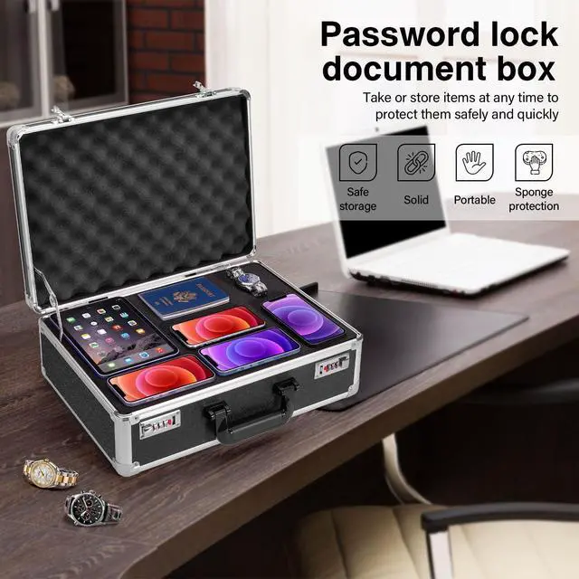 Alt view image 2 of 7 - Security Lock Boxes - 18.9 x 14.6 x 6.3 Inch X-Large, Portable Locking Storage Totes with Dual Combination Locks, Medicine Lock Box, Lock Boxes for Personal Items, Cash & Briefcase - Black