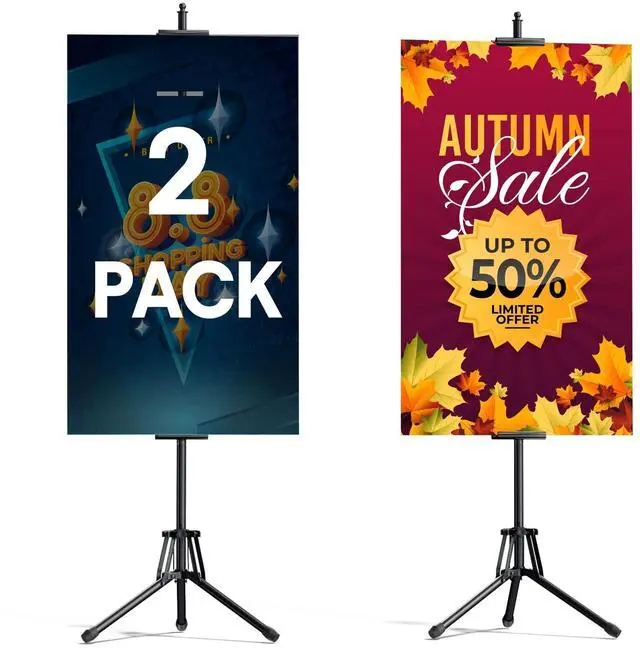 Main image of Poster Stand Tripod, Adjustable Height 80" Double Sided Display with Bag | sturdy metal frame, 360° visual, fits 61.6" boards, easy assembly, foldable & lightweight, for malls, weddings