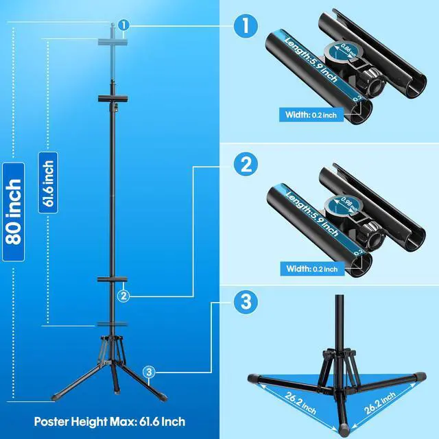 Alt view image 5 of 7 - Poster Stand Tripod, Adjustable Height 80" Double Sided Display with Bag | sturdy metal frame, 360° visual, fits 61.6" boards, easy assembly, foldable & lightweight, for malls, weddings