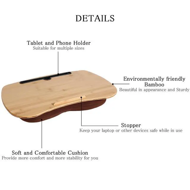 Alt view image 3 of 6 - Lap Desk-Portable Laptop Table with Cushion Bamboo Platform Phone Holder L(21.6"x13.8")