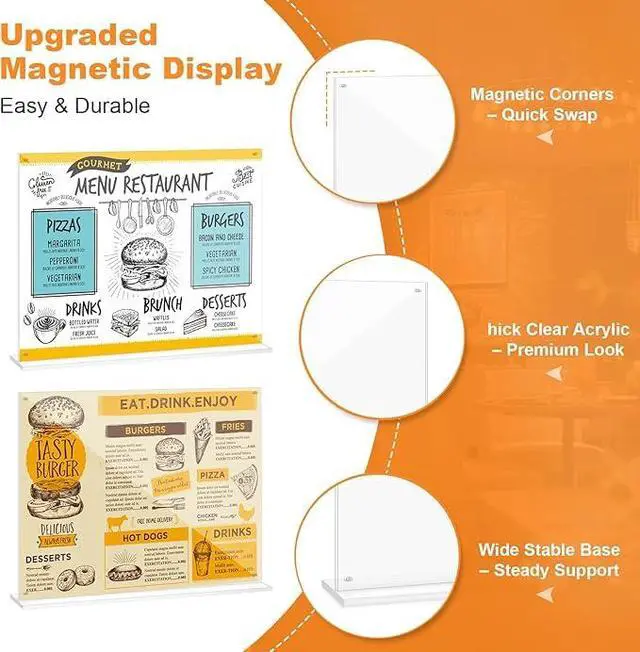 Alt view image 2 of 5 - 4-Pack 17x11 Acrylic Sign Holder Table Top with Magnetic Corners Quick Change Display Stand for Menus, Posters and Ads, Restaurant, Office, Events, Retail, Large Size