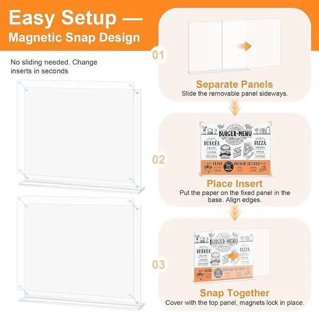 Alt view image 4 of 5 - 4-Pack 17x11 Acrylic Sign Holder Table Top with Magnetic Corners Quick Change Display Stand for Menus, Posters and Ads, Restaurant, Office, Events, Retail, Large Size