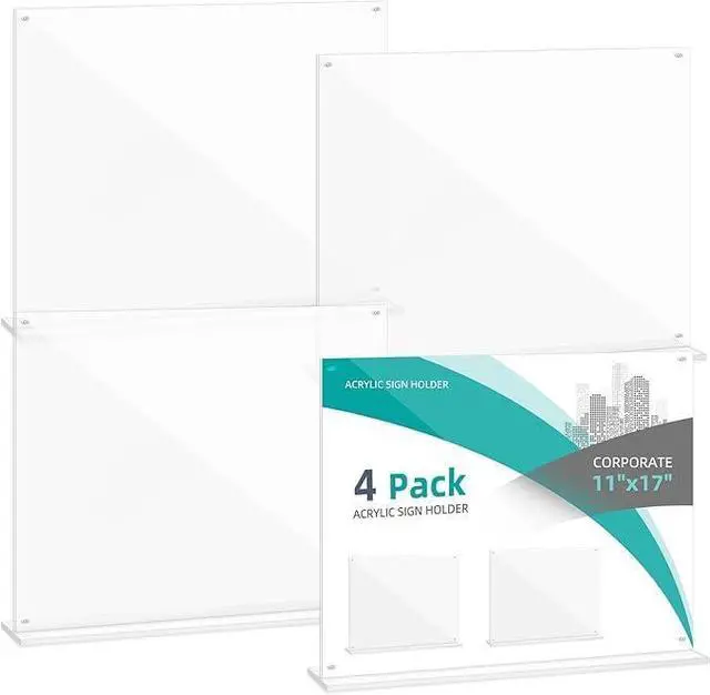 Main image of 4-Pack 17x11 Acrylic Sign Holder Table Top with Magnetic Corners Quick Change Display Stand for Menus, Posters and Ads, Restaurant, Office, Events, Retail, Large Size